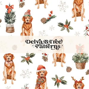 May include: A seamless pattern featuring watercolor illustrations of golden retrievers wearing Santa hats and reindeer antlers, along with Christmas trees, holly, snowflakes, and pine cones. The text "Delva B Tree Patterns" is included in the design.
