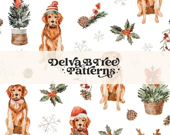 Watercolor Christmas Dogs Seamless Pattern File, Cute Holiday Golden Retriever Repeat Pattern Tile, Boys Holiday Santa Hat Pup Digital Paper