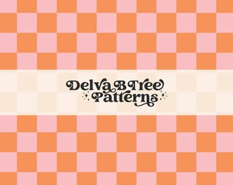 Różowo-pomarańczowy bezszwowy plik w kratkę, pastelowy wzór powtarzającej się szachownicy na Halloween, dziewczęce tło w stylu retro z lat 90., papier cyfrowy na Wielkanoc