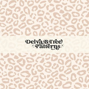 May include: A seamless pattern featuring a beige leopard print on a white background. The text "Delva B Tree Patterns" is centered in a white banner.