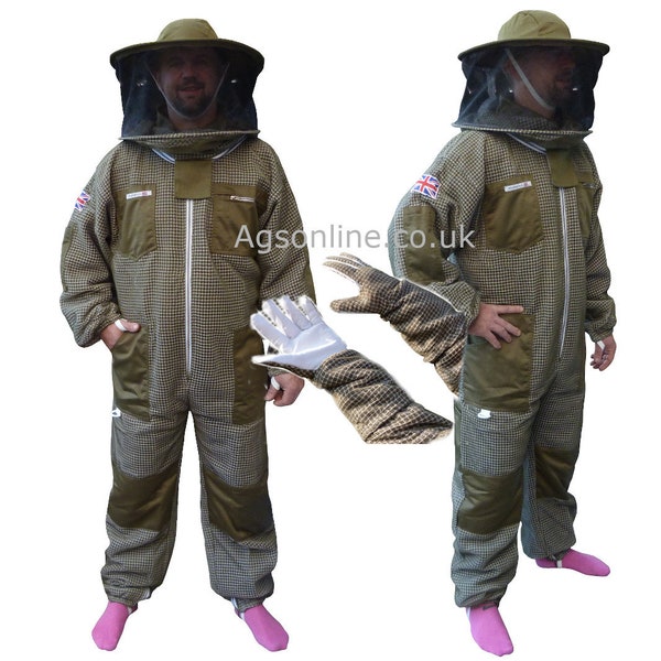 Round hat three layer ultra ventilated green beekeeping bee suit and gloves AGS