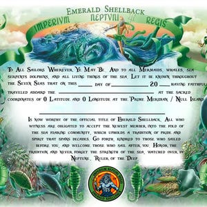 May include: An illustrated certificate with the text "Emerald Shellback Neptuni Regis" and "Imperium" at the top. The certificate features aquatic creatures, including mermaids, dolphins, and seahorses, with a central image of a sea goddess.