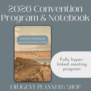 Pode incluir: Um caderno digital com o texto "2026 Convention Program & Notebook" e "Eternal Happiness". A capa do caderno apresenta uma pintura de paisagem. O texto "Fully hyper-linked meeting program" também é visível.