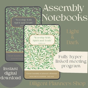 May include: Two digital notebooks with leaf patterns. The notebooks have the text "Worship With Spirit and Truth" and "Circuit Assembly of Jehovah's Witnesses". The image also includes the text "Assembly Notebooks", "Light & Dark", "Fully hyper-linked meeting program", and "Instant digital download".
