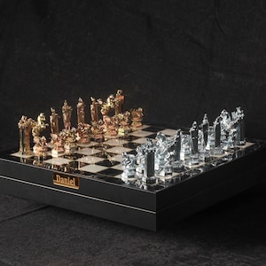 Metal Wizard Chess Set with Chessboard - Personalized Name Plate Selection Available | Gold & Silver