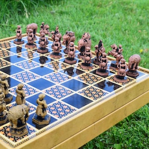 Unique Metal Indian Chess Set with Chessboard - Personalized Name Plate Selection Available - Bronze&Gold