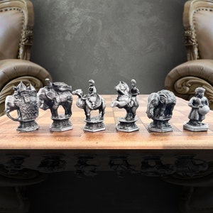 Personalized Metal Indian Chess Set - Metal Pieces, Authentic Design, Customizable Board | GOLD-SILVER