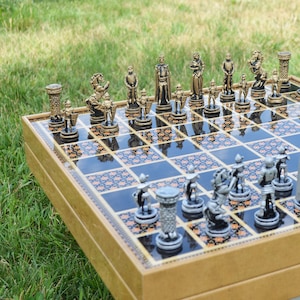 Metal Gift Chess Set with Chessboard - Personalized Name Plate Selection Available