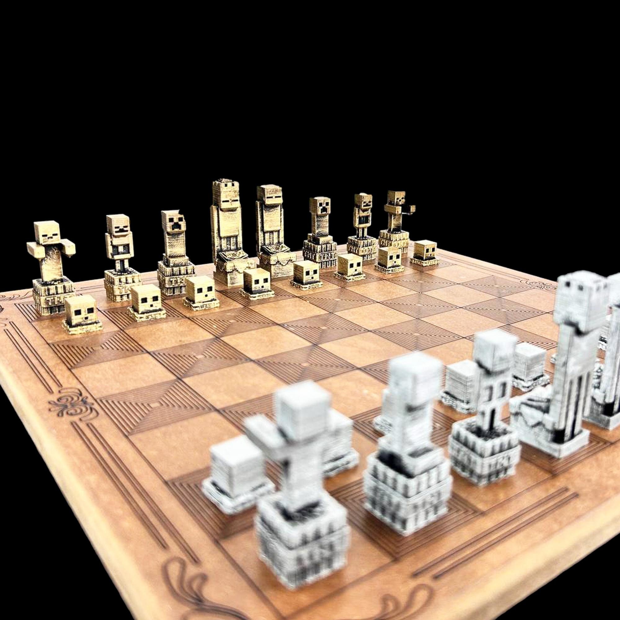 木製ボード付き、パーソナライズされた金属製マイクラチェスセット