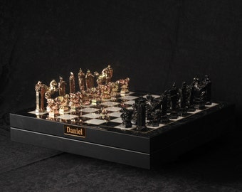 Customizable Heavy Metal Harr Pot Wizard Chess Set with Chessboard - Unique Personalized Name Plate Selection | Gold & Black