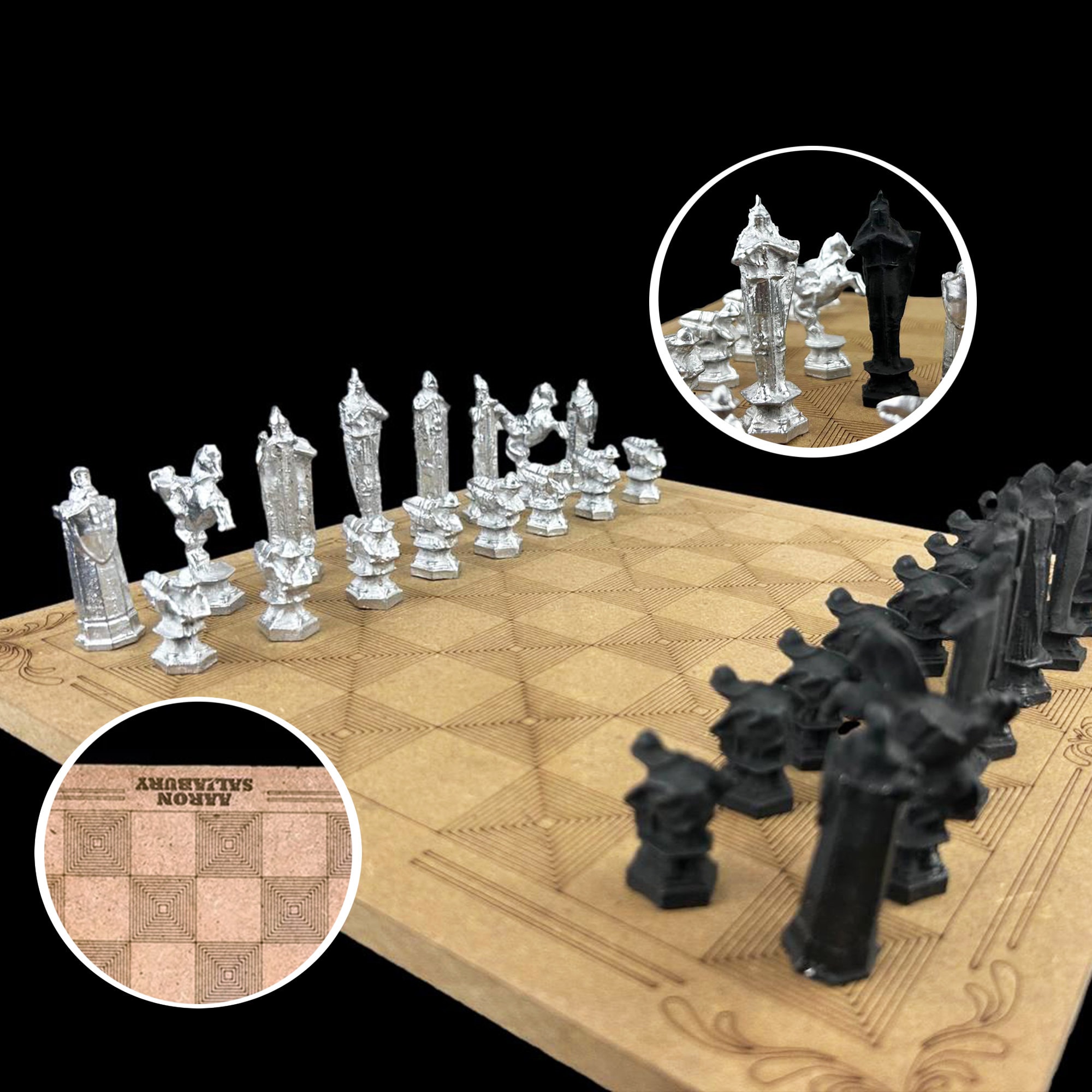 Metal Wizard Chess Set: Personalized Knight Chessboard, Black & Silver