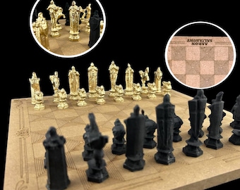 Customizable Heavy Metal Wizard Chess Set with Chessboard - Unique Personalized Name Plate Selection | Gold & Black