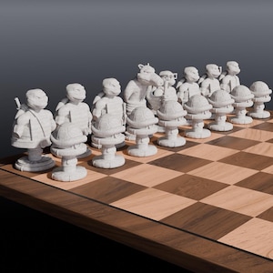 May include: A white chess set featuring characters from the Teenage Mutant Ninja Turtles franchise. The pieces are arranged on a wooden chessboard with alternating light and dark squares.