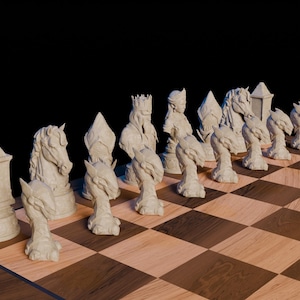 May include: A complete chess set with intricately designed pieces. The pieces are light beige and feature dragon, horse, and tower designs. The chessboard is made of wood with a checkerboard pattern in shades of brown and beige.