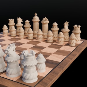 May include: A complete chess set with intricately carved, light-colored pieces arranged on a wooden chessboard. The pieces include pawns, rooks, knights, bishops, a queen, and a king. The board has a dark wood border and a checkered pattern.