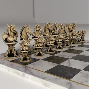 May include: A complete chess set featuring intricately detailed dragon-themed pieces. The pieces are in a light beige color and are arranged on a marble-patterned chessboard with gold trim. The set includes various dragon designs for each chess piece.