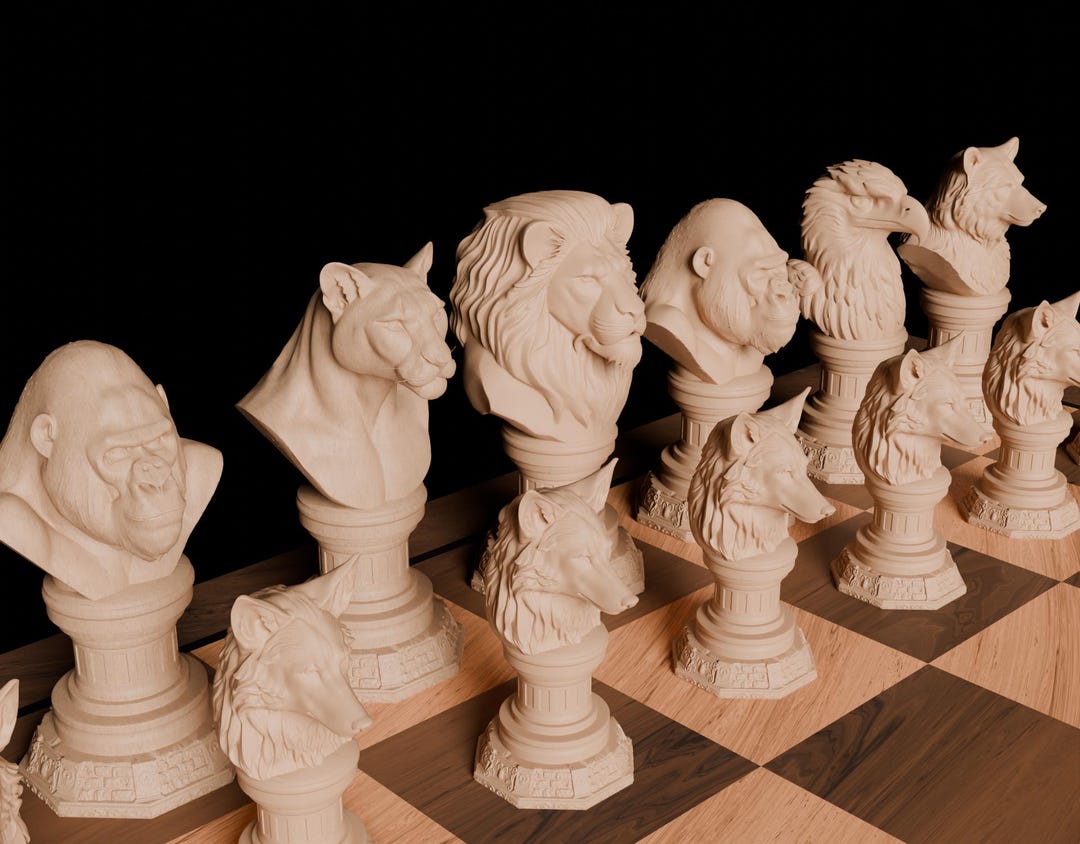 3D Wild Animal Chess Set: Lion, Tiger, Bear (STL File Format