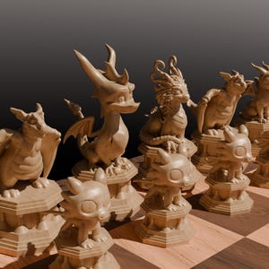 May include: A set of dragon chess pieces made of brown resin. The pieces are arranged on a wooden chessboard. The dragons are in various poses, some with wings spread and some with their mouths open.