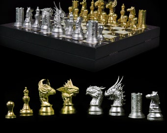 Magical Dragon Fantasy Chess Set with Chessboard and Portable Chest | Customizable and Unique