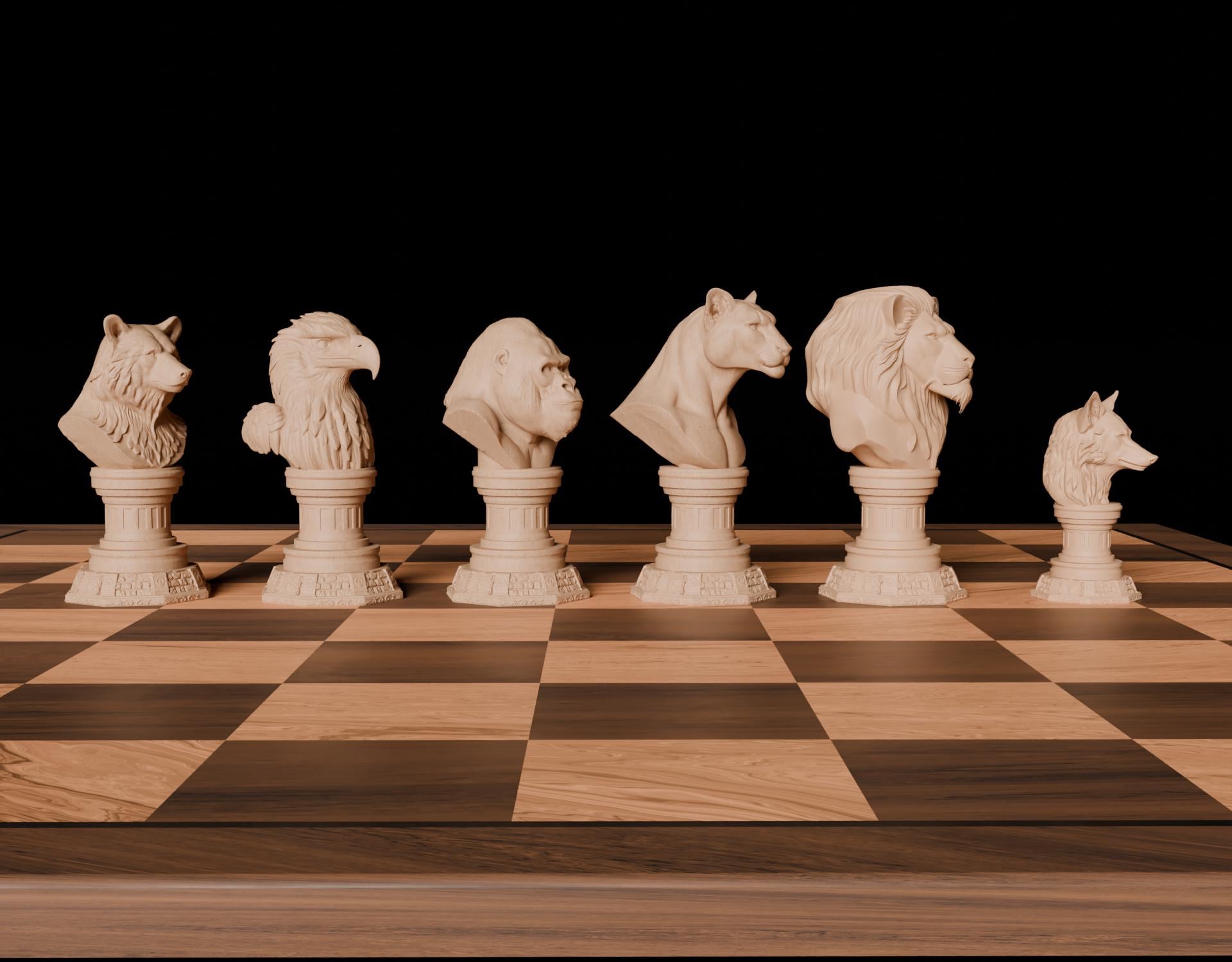 3D Wild Animal Chess Set: Lion, Tiger, Bear (STL File Format