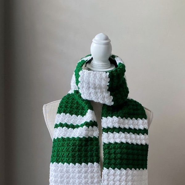 Hand Knit Team Spirit Scarf in Green and White