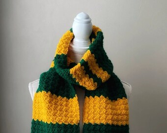 Hand Knit Team Spirit Scarf in Green and Gold