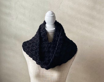 Hand Knit Chunky Infinity Scarf in Black Wool Blend