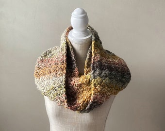 Hand Knit Bulky Infinity Scarf in Olive Multicolors