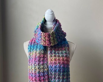 Knit Scarf Handmade in Multicolors, Crochet Cozy Scarf in Bright Colors