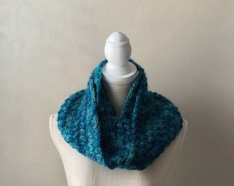 Knit Infinity Cowl Neck Scarf Handmade in Teal Mohair Blend Yarn
