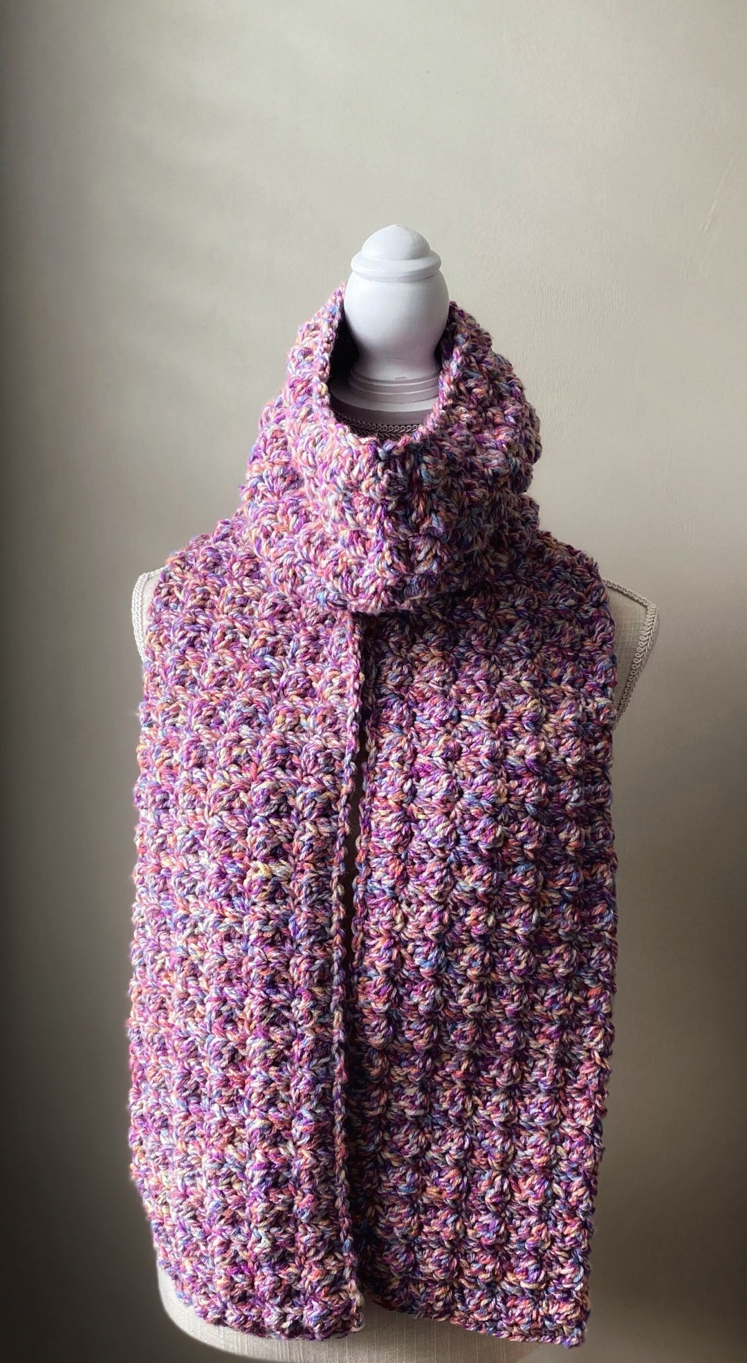 Chunky Handmade Crochet Multicolor Scarf in Pink and Purple, Hand Knit ...