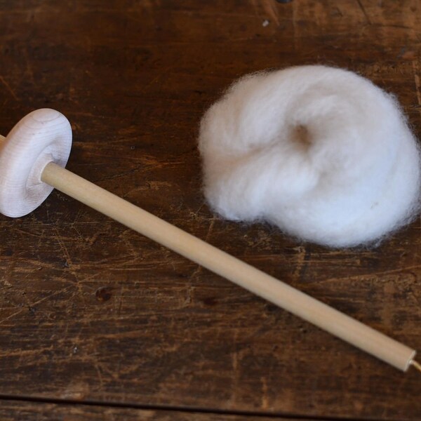 Bottom Whorl Drop Spindle, 2" Whorl, 9" Long, .9 oz. With Hook, Sample Wool Included