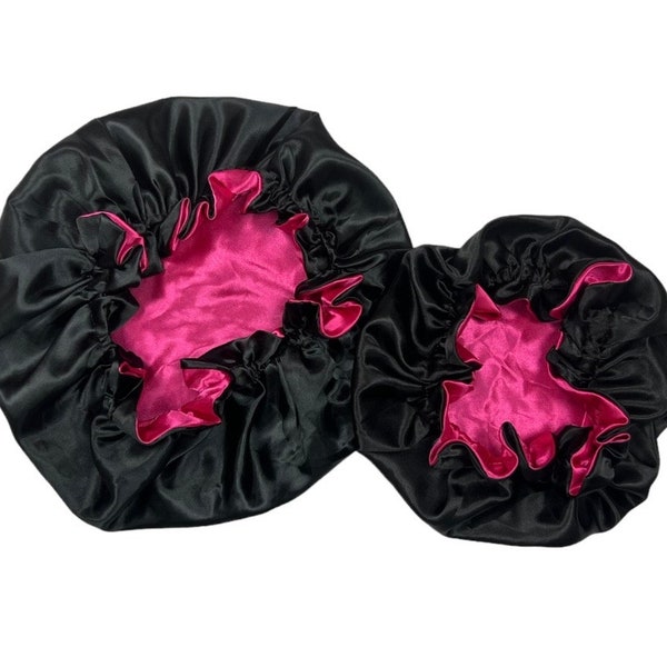 Black & Pink Reversible Satin Bonnet for Women | Sleep Cap | Double Layered Bonnet