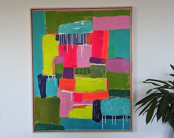 Large original colorful abstract artwork on canvas, hand-painted artwork, geometric squares, vibrant wall art, color field painting