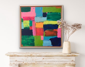 Original colorful abstract artwork on canvas, hand-painted artwork, geometric squares, vibrant wall art, modern art, color field painting