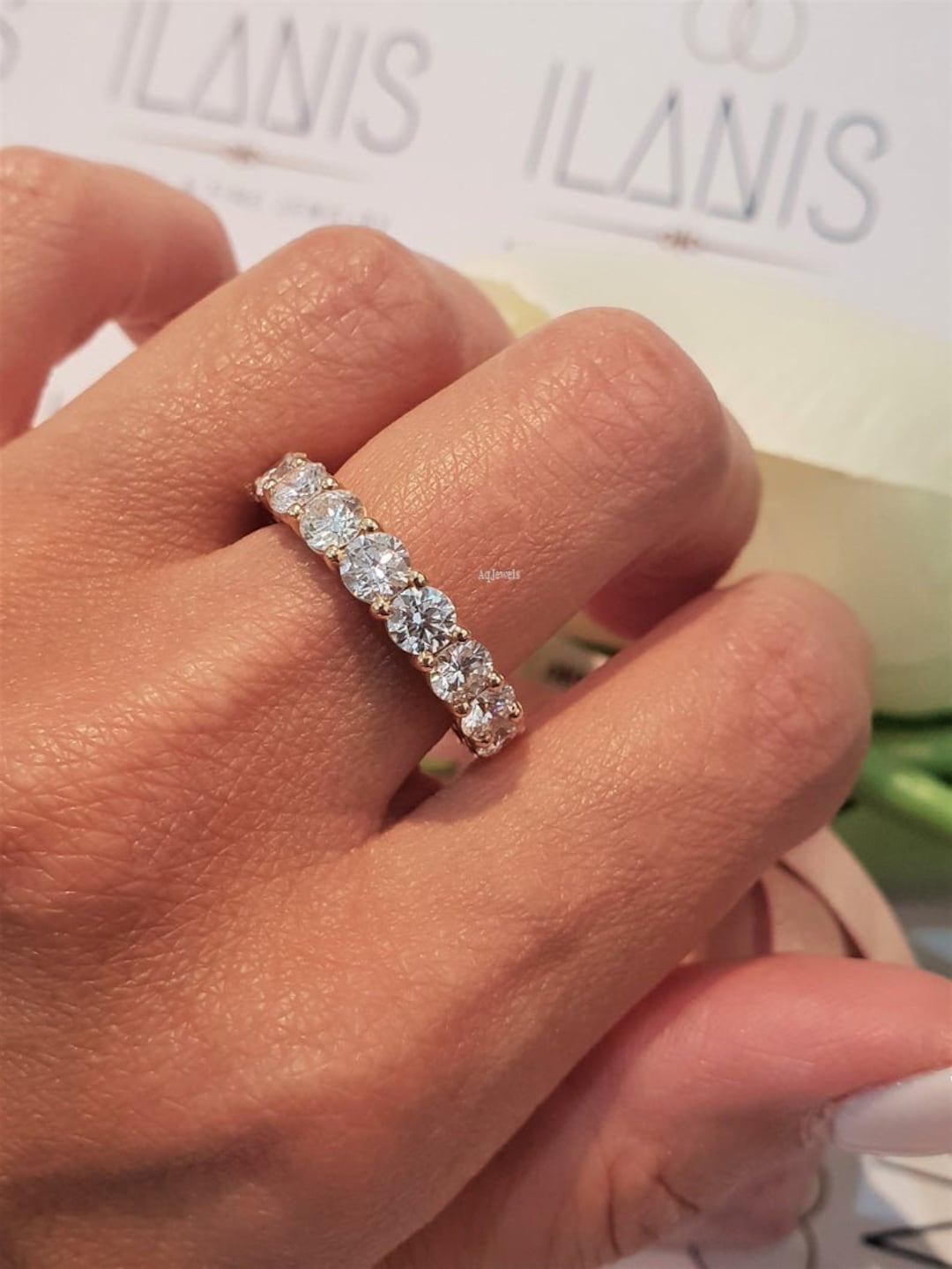 3 Carat Eternity Ring Eternity Moissanite Band Round Cut Full Eternity Diamond Ring 14K Yellow Gold Anniversary 3mm Matching Band promise Etsy