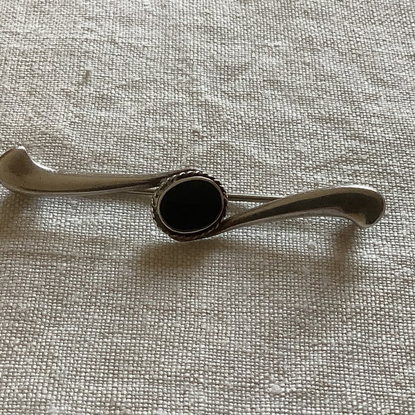 Antique silver Scandinavian brooch central dark coloured stone safety clasp stamped SILVER early 1900’s elegant streamlined design