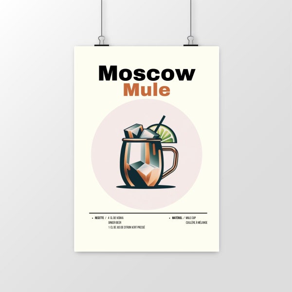 Affiche vintage, Moscow Mule cocktail, décoration cocktail à l’ancienne, affiche rétro, poster rétro, impression, décor de bar, A4