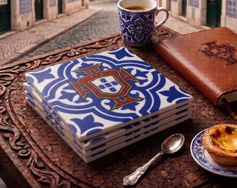 Portugal FPF Azulejo Coaster Set of 4 – 3D Printed Blue White – Handmade Football Gift for Fans- Mediterranean Decor – Portuguese Ronaldo WC