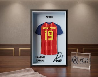 Lamine Yamal Spain 3D Printed Jersey Frame – Premium Layered Football Wall Art, Spain Soccer Fan Desk Decor, Compact 8.5" x 5.5" Display