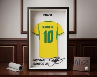 Neymar Jr Brazil 3D Printed Jersey Frame – Premium Layered Football Wall Art, Brazil Soccer Fan Desk Decor, Compact 8.5" x 5.5" Display