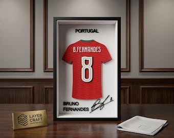 Bruno Fernandes Portugal 3D Printed Jersey Frame – Premium Layered Football Wall Art, Portugal Soccer Fan Desk Decor, 8.5" x 5.5" Display