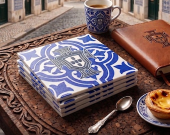 Portugal FPF Azulejo Coaster Set of 4 – 3D Printed Blue White Away Theme – Handmade Football Gift for Fans- Mediterranean Decor – Ronaldo