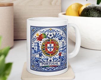 Azulejo Portugal Mug – Soccer Tile Pattern Coffee Cup – Portuguese Team Supporter Gift – FPF Fathers Day Present