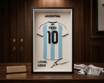 Lionel Messi Argentina 3D Printed Jersey Frame – Premium Desktop Football Decor, Soccer Fan Gift, 8.5" x 5.5" Layered WallArt Display