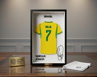 Vinicius Junior Brazil 3D Print Jersey Frame – Premium Layered Football Wall Art, Brazil Soccer Fan Desk Decor, Compact 8.5" x 5.5" Display