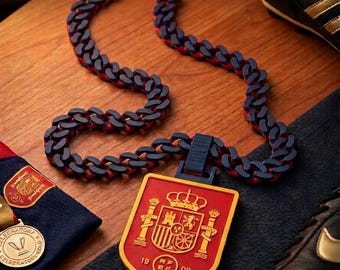 Spain Soccer Fan Chain Necklace - 3D Printed RFEF Crest Medallion - Red & Blue Statement 3D Print Jewelry - España Football Championship