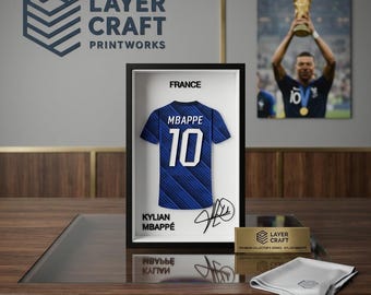 Kylian Mbappe France 3D Printed Jersey Frame – Premium Layered Football Wall Art, France Soccer Fan Desk Decor, Compact 8.5" x 5.5" Display
