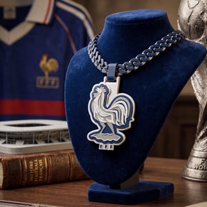 May include: A necklace featuring a thick, dark blue and silver-toned chain with a large pendant shaped like a rooster. The rooster pendant is layered in white, gray, and dark blue, with the letters FFF printed in white on a small tab at the bottom.