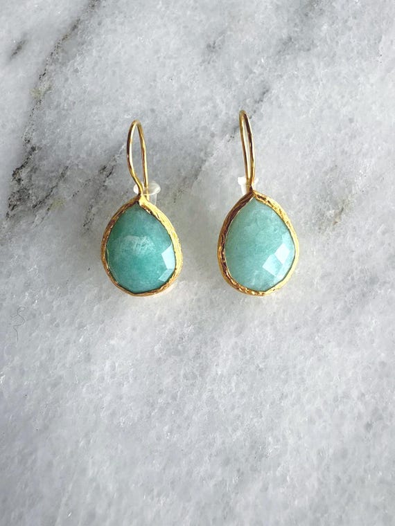 Amazonite Drop Earrings, Gold Framed Natural Stone , Aqua Blue Gemstone Jewelry, Minimal Luxe Dangle Earrings, Handmade Boho Chic Gift